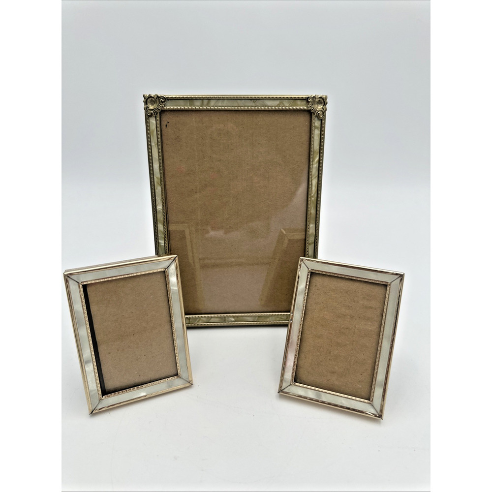 3 Vintage Brass Photo Frames Set Pearl Inlay Edges 5x7, 2- 2.5x3.5 Shiny Edges